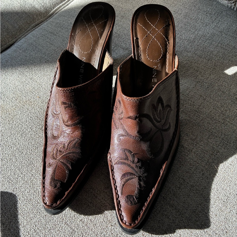 Nine West Brown Embroidered genuine leather high heel mules